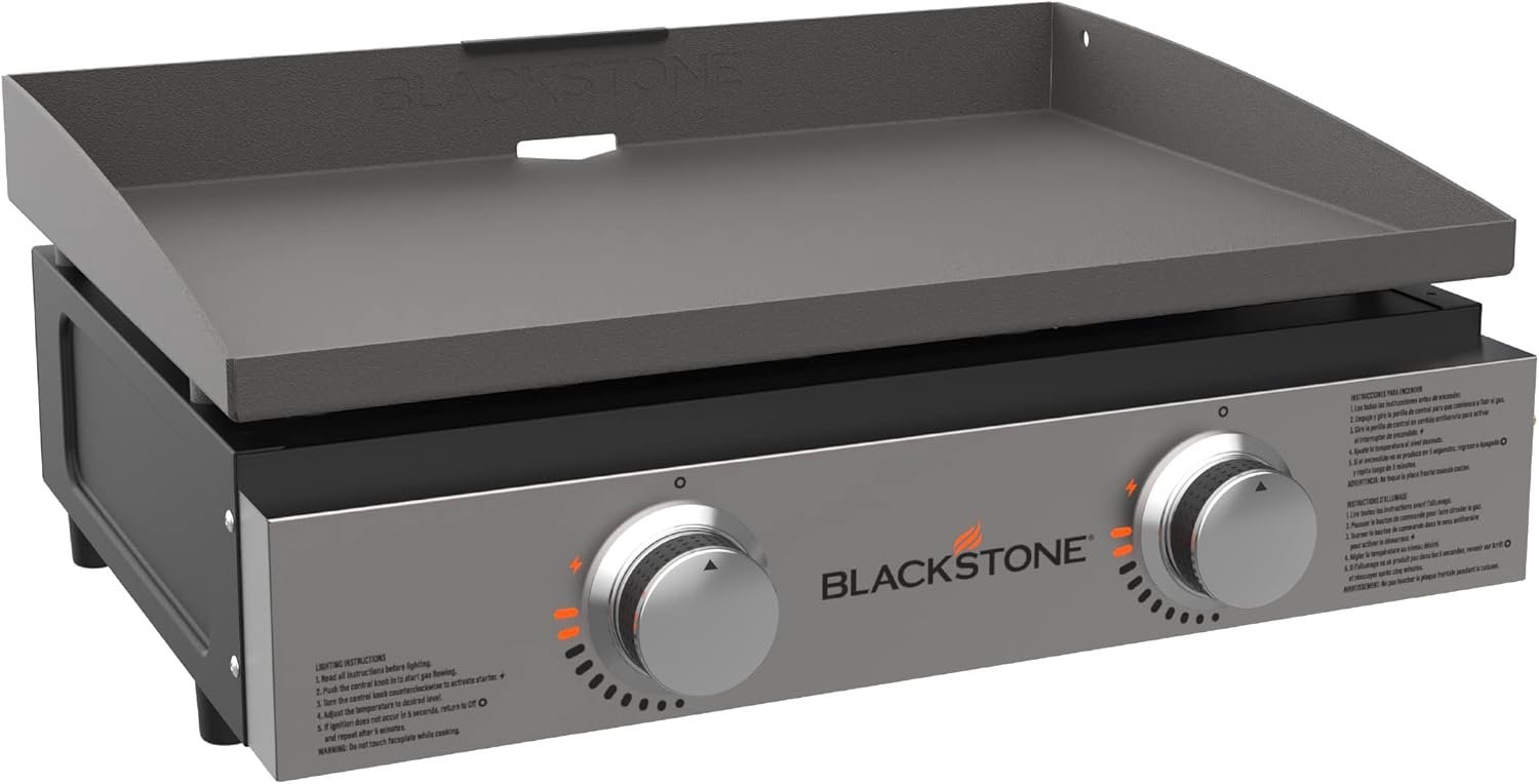 61-7hTvmsHL._AC_SL1500.jpg Blackstone 22″ Portable Tabletop Griddle – Dual Burner Flat Top Grill, 24,000 BTU Propane with Stainless Steel Faceplate & Rear Grease System - Image 1