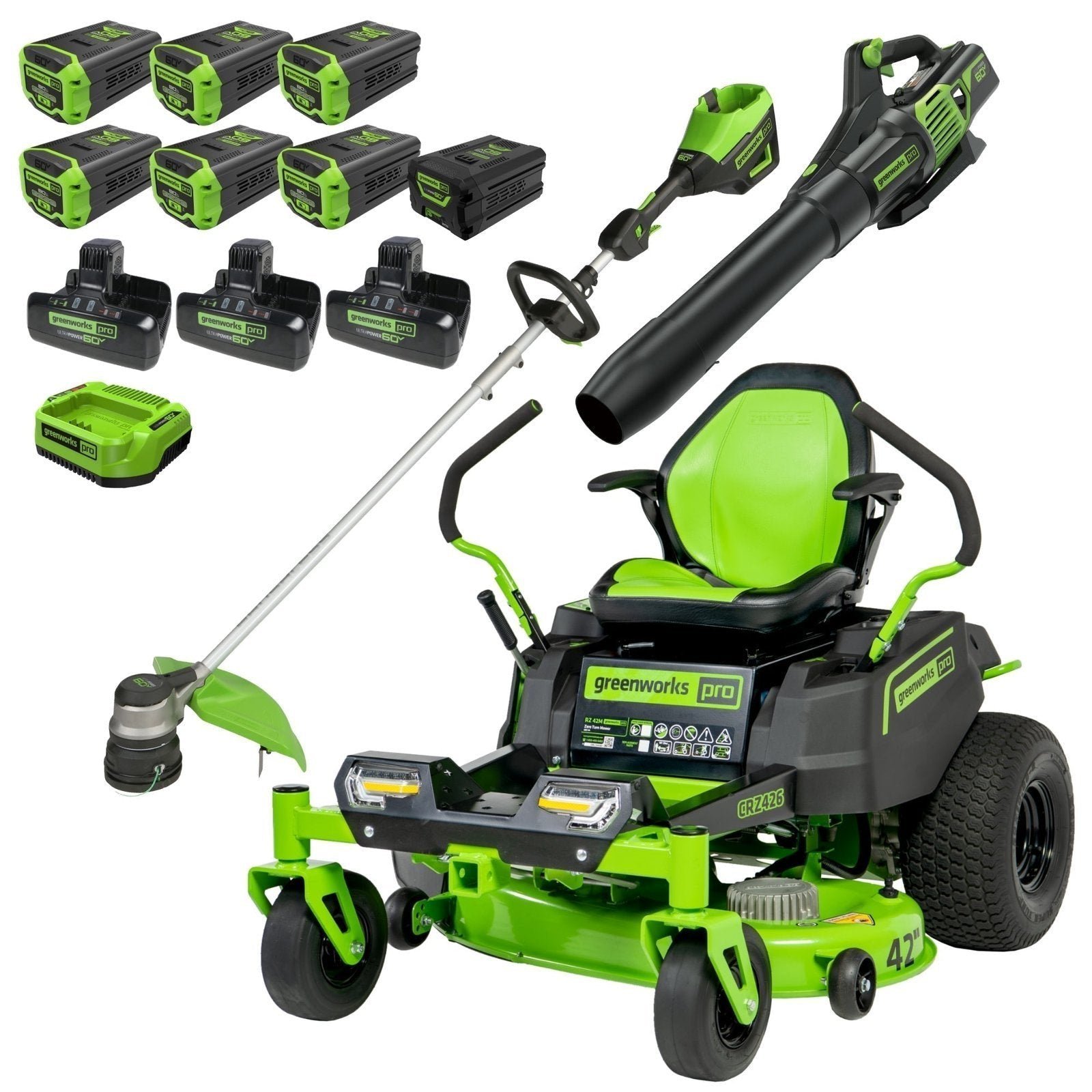 ATFGWTKit-1_9270316f-5840-4bb5-9625-62bd1c16d216-1.jpg 60V 42″ Cordless Battery CrossoverZ Zero Turn Riding Lawn Mower 3-Tool Combo Kit w/ (6) 8Ah Batteries, One(1) 2.5Ah Battery & Four (4) Chargers - Image 1