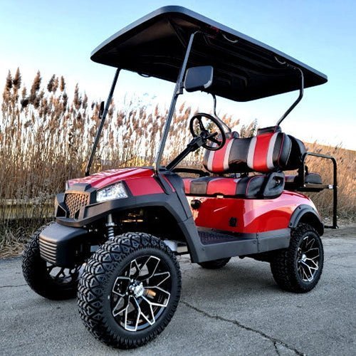 Terminator-48v-Red-Seats_b_7d21b3ef-9ae3-4387-9069-ebc3720b5341.jpg Terminator 48v Electric Golf Cart Four Seater BRAND NEW – Massive Rims/Tires Flip Seat & Optionally Fully Loaded – Red Body/Red Seats - Image 1